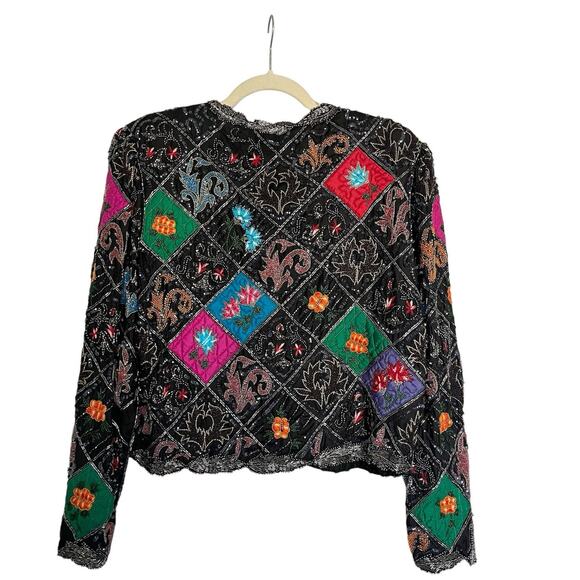 Judith Ann Vtg silk Patchwork Embroidered jacket Quilted sequin Embellished Sz L - Picture 4 of 15